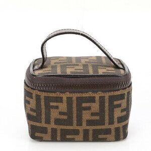 Fendi Zucca Vanity Handbag Leather Canvas Tote Shoulder Bag Brown